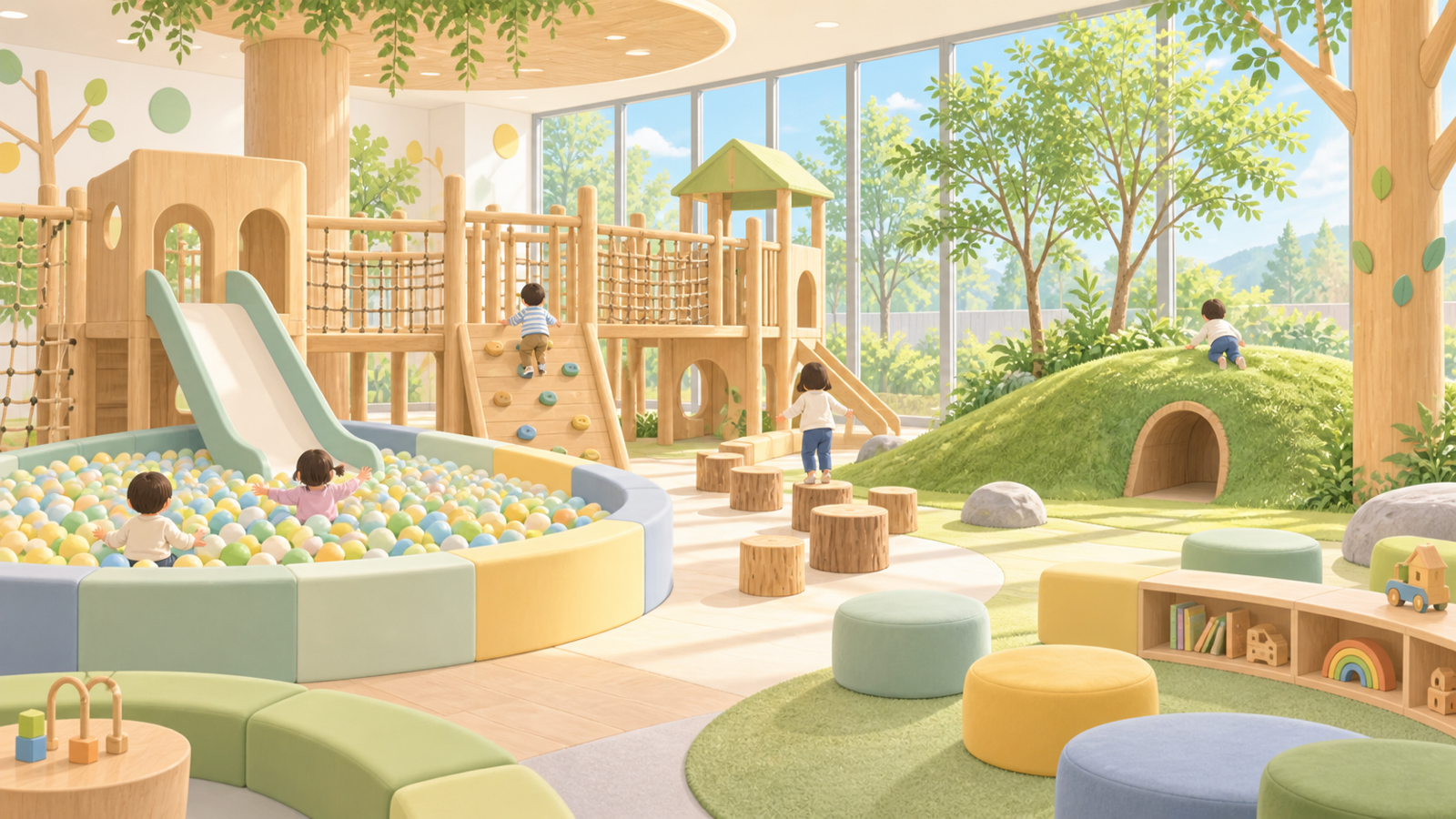 ボールプールと木のアスレチック、外の築山が見える屋内外のあそび場のイラスト